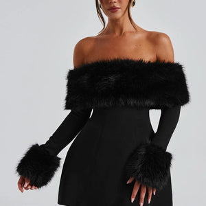 Women's Off-shoulder Fur Collar A- Line Short Dress Jovera Joyce