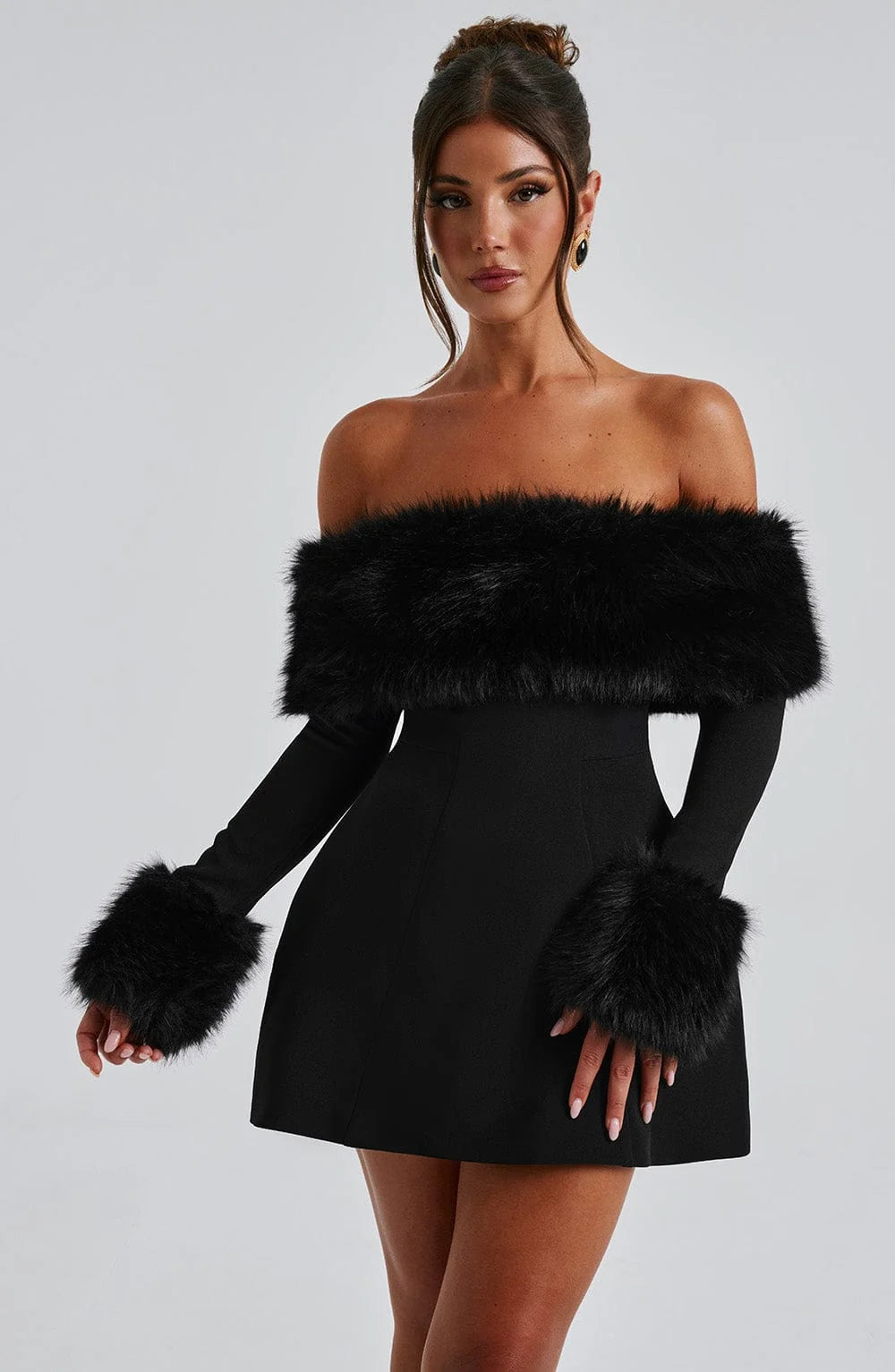Women's Off-shoulder Fur Collar A- Line Short Dress Jovera Joyce