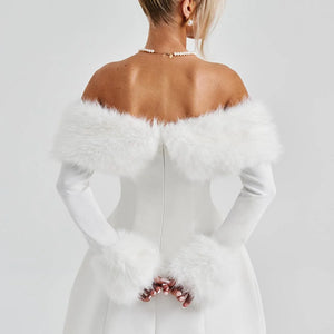 Women's Off-shoulder Fur Collar A- Line Short Dress Jovera Joyce