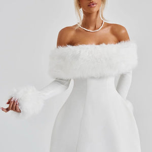 Women's Off-shoulder Fur Collar A- Line Short Dress Jovera Joyce