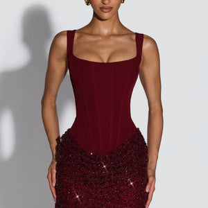 Red And Bright Patchwork Sheath Dress With A Cinched Waist Jovera Joyce